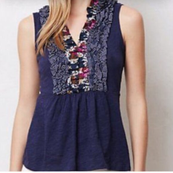 Anthropologie Tops - Anthropologie Deletta Ruffle Tank Top Floral Polka Dot Peplum Navy Medium